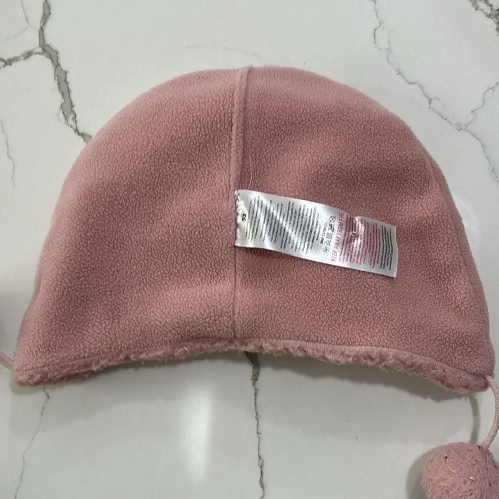 Girls Kids Pink Bear Ears Fleece Winter Hat Gold Flecks Pom Poms Size 52 (6 5/8)